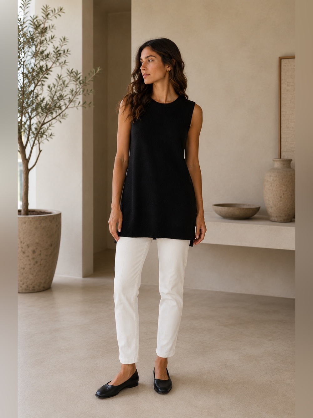 Eileen Fisher Black 100% Wool Sleeveless Tunic Sweater Top Medium